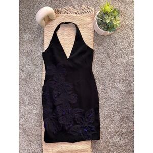 NWT Halston Heritage Black Halter Cocktail Dress Purple Floral Applique NWT